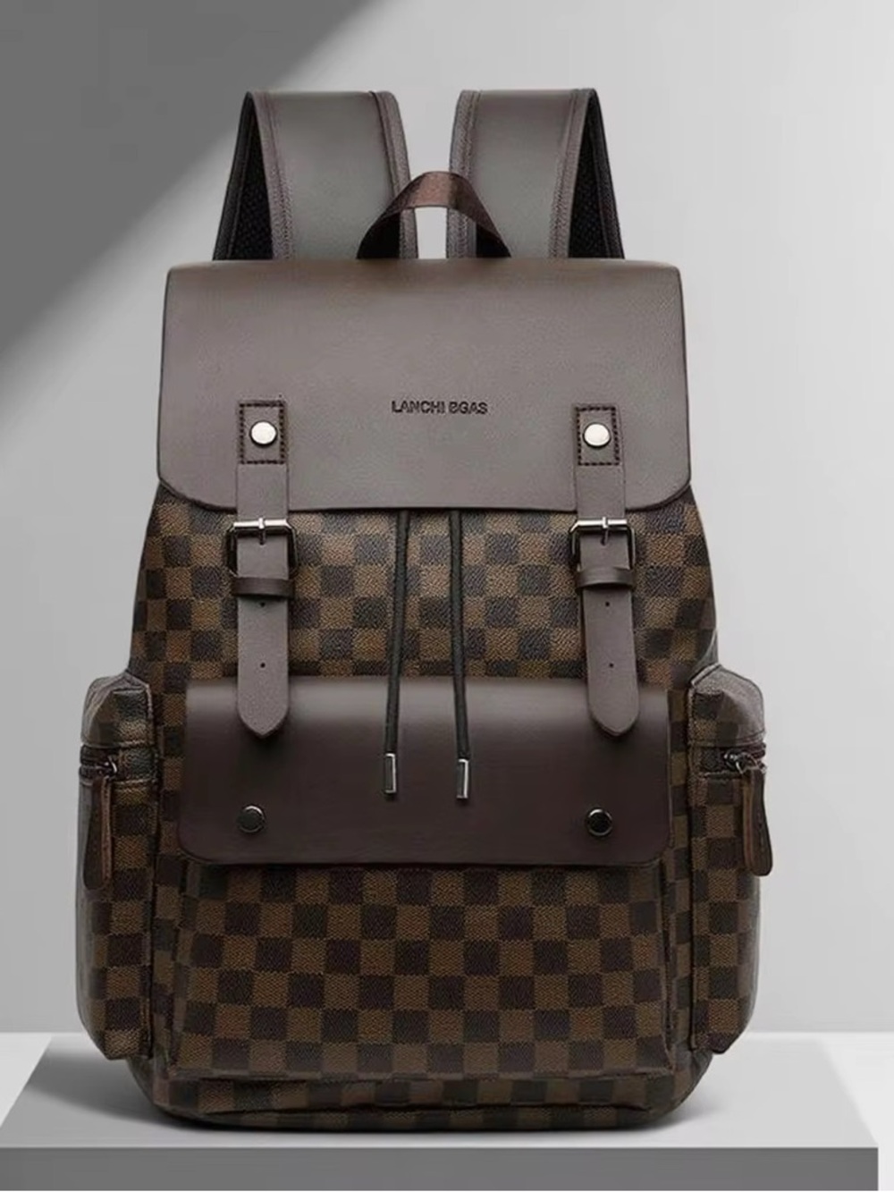 Men's Brown Checkered Leather-Trim Backpack